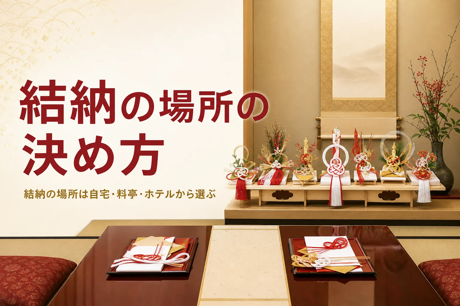 結納の場所の決め方を紹介する記事のアイキャッチ。床の間に結納品を飾った料亭の個室