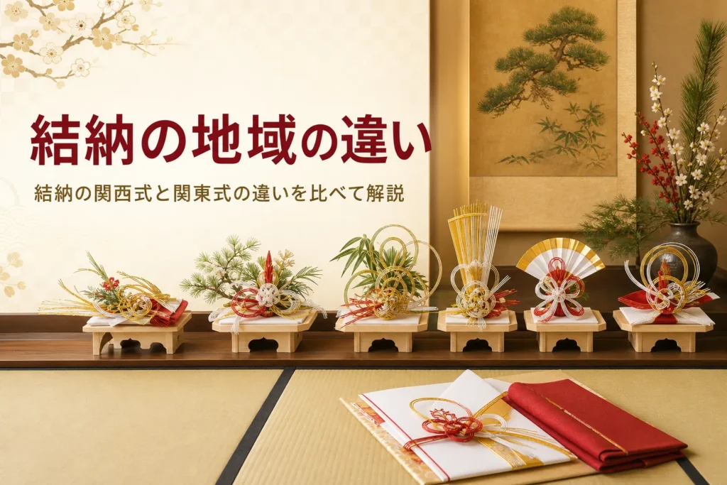 結納の関西式と関東式の違いを紹介する記事のアイキャッチ。床の間に並ぶ水引飾りの結納品
