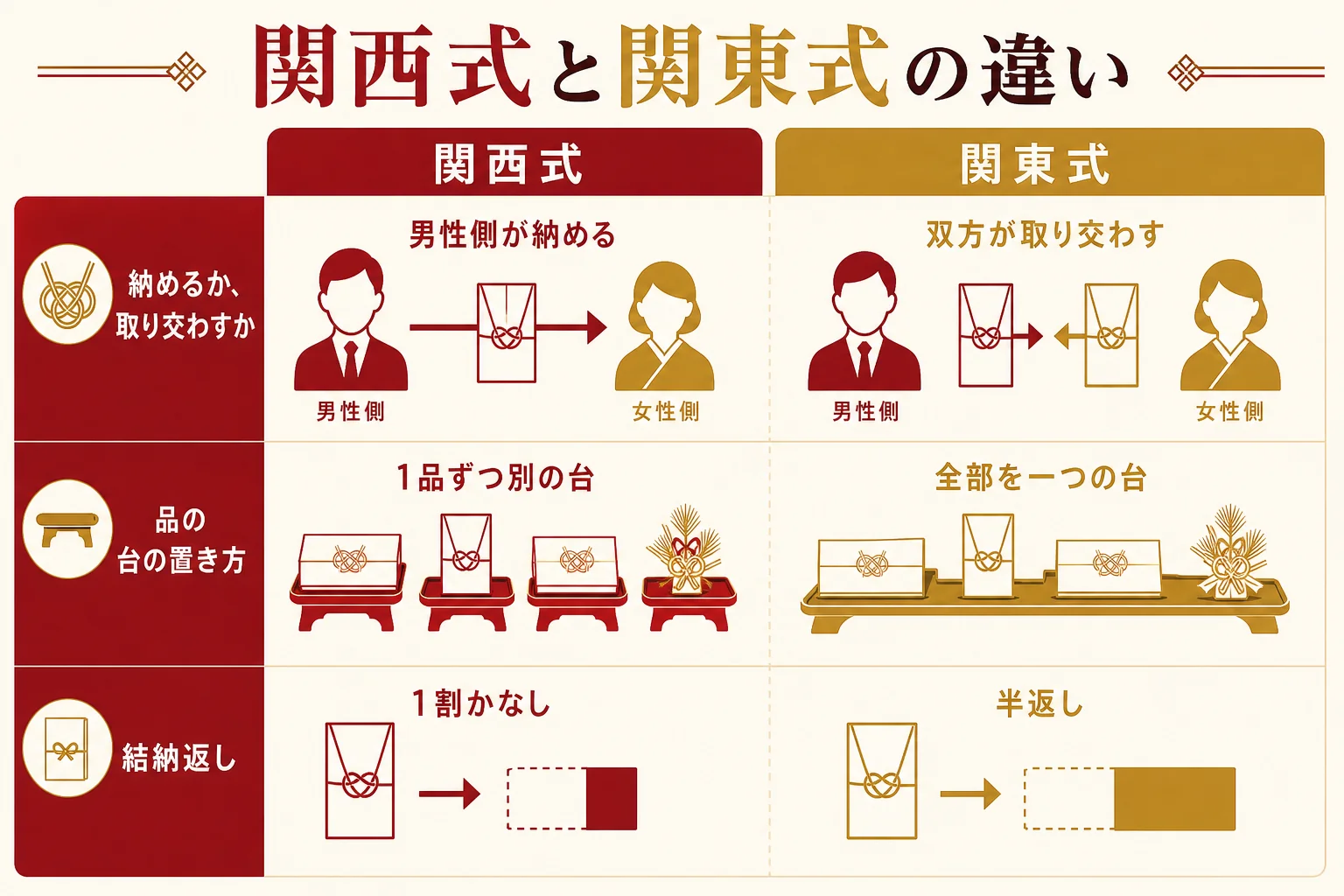 関西式と関東式の結納の違いを、贈り方・飾り方・目録・結納返しの4項目で比べた図解