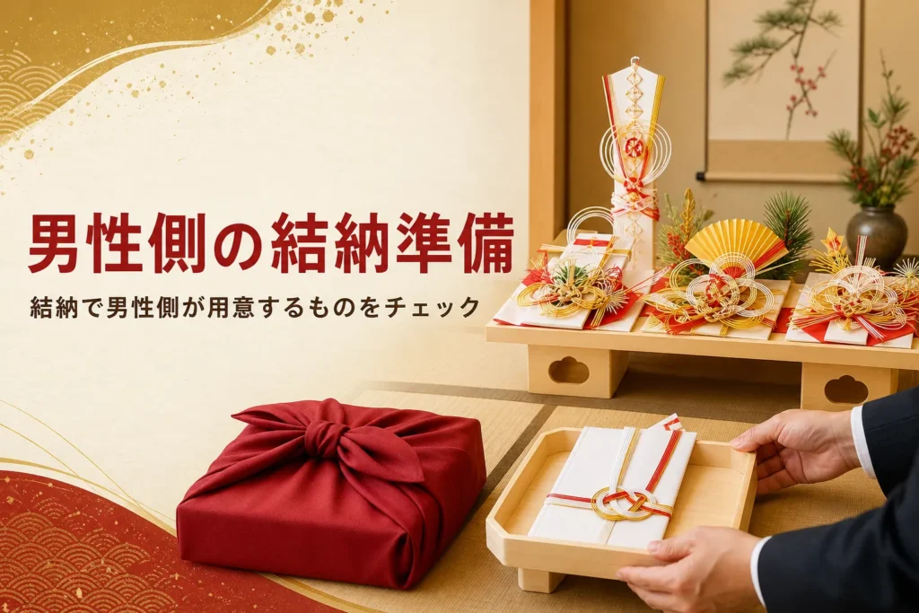 結納で男性側が用意するものを紹介する記事のアイキャッチ。白木の台の結納品と金封