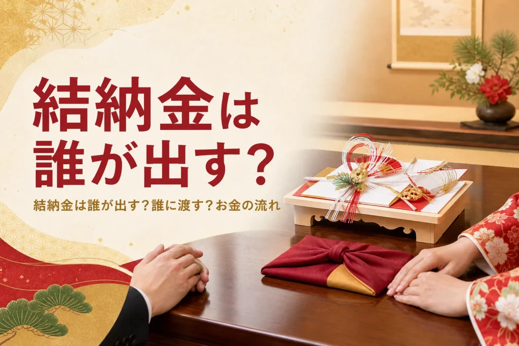結納金を誰が出して誰に渡すかを紹介する記事のアイキャッチ。座卓の上の金封と向かい合う手元