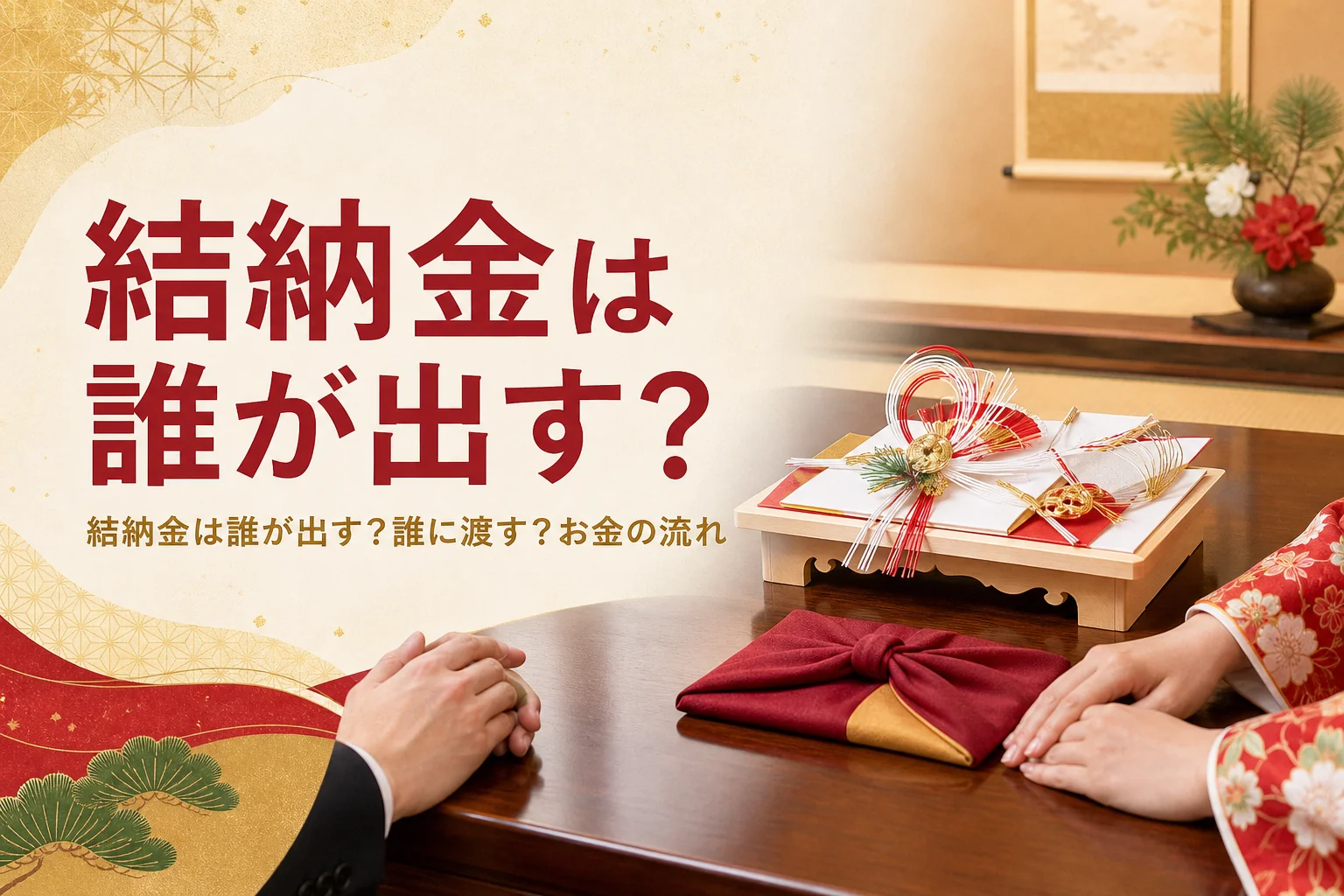 結納金を誰が出して誰に渡すかを紹介する記事のアイキャッチ。座卓の上の金封と向かい合う手元