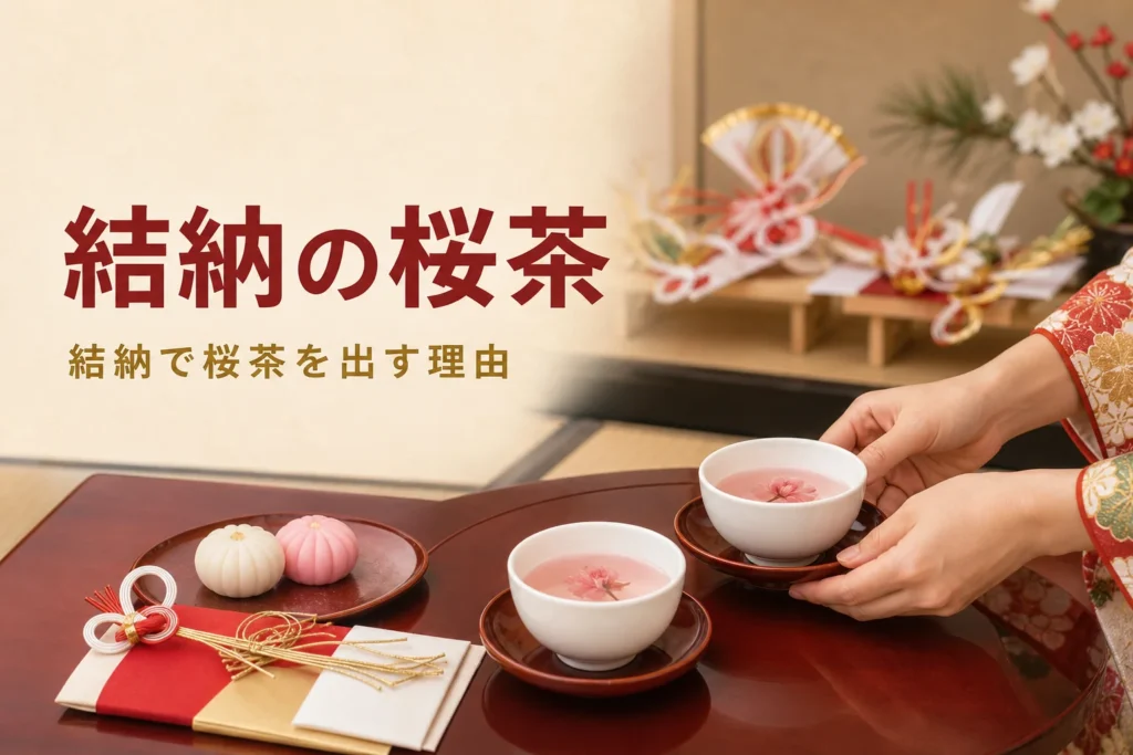 結納で出す桜茶（桜湯）を紹介する記事のアイキャッチ。白い湯のみの桜湯と紅白の和菓子