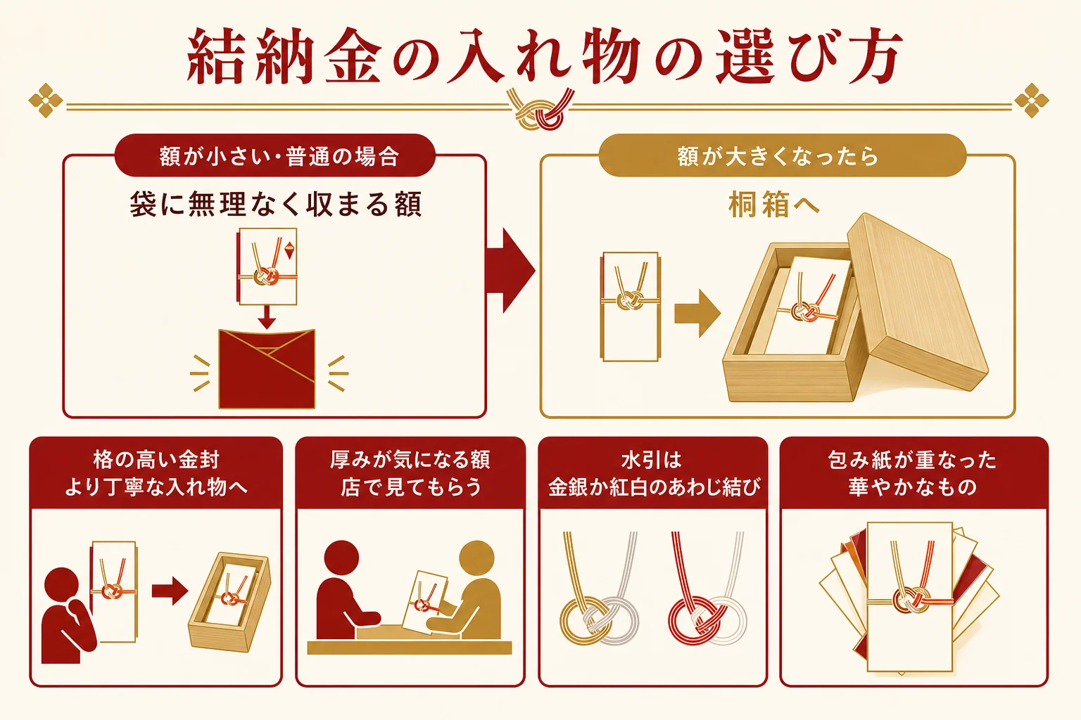 結納金の額の大きさで、のし袋と桐の金子箱のどちらを選ぶかの目安を示した図解