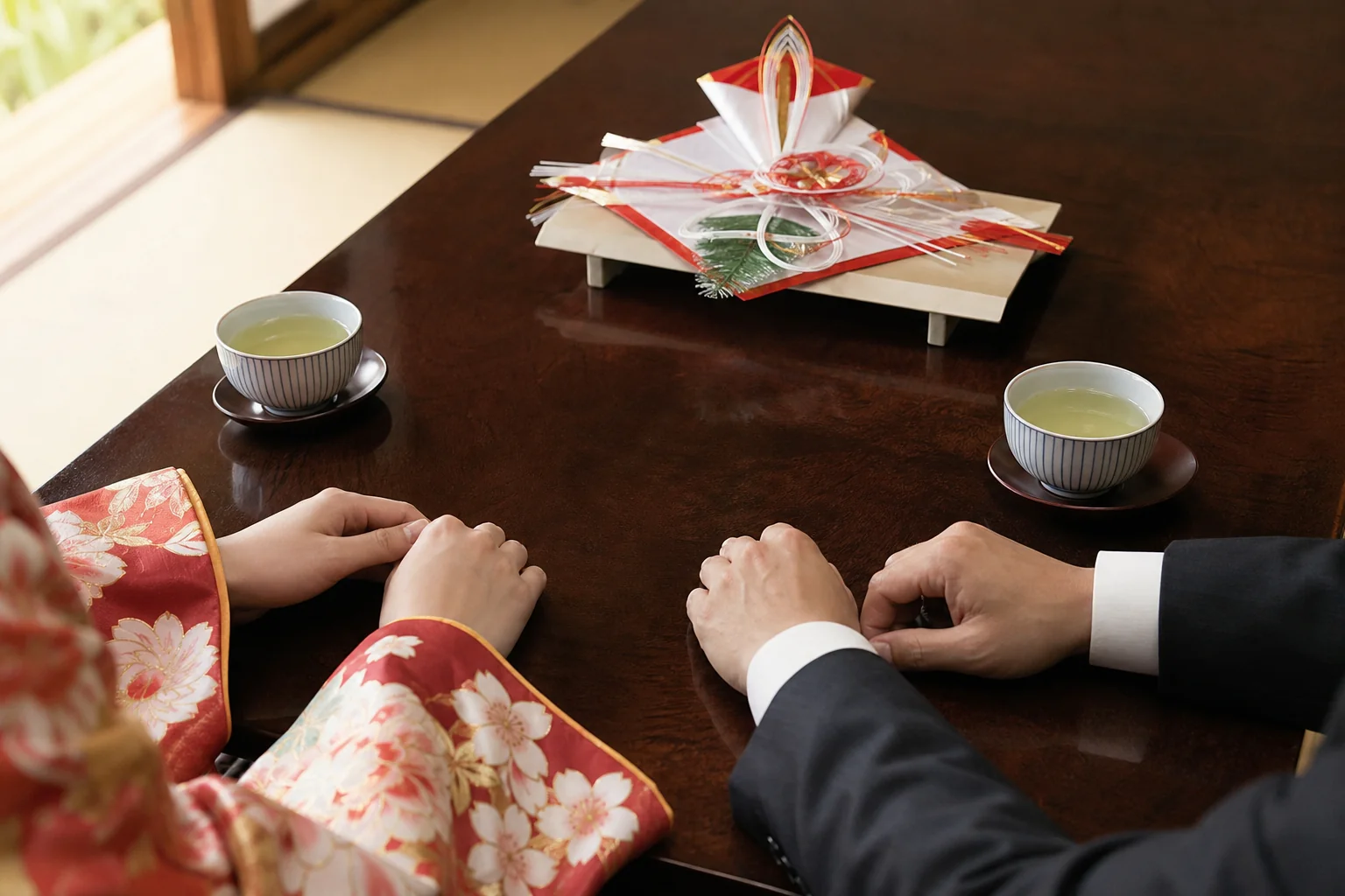 晴れ着の袖口と、スーツの袖口が並ぶ料亭の個室の卓の写真