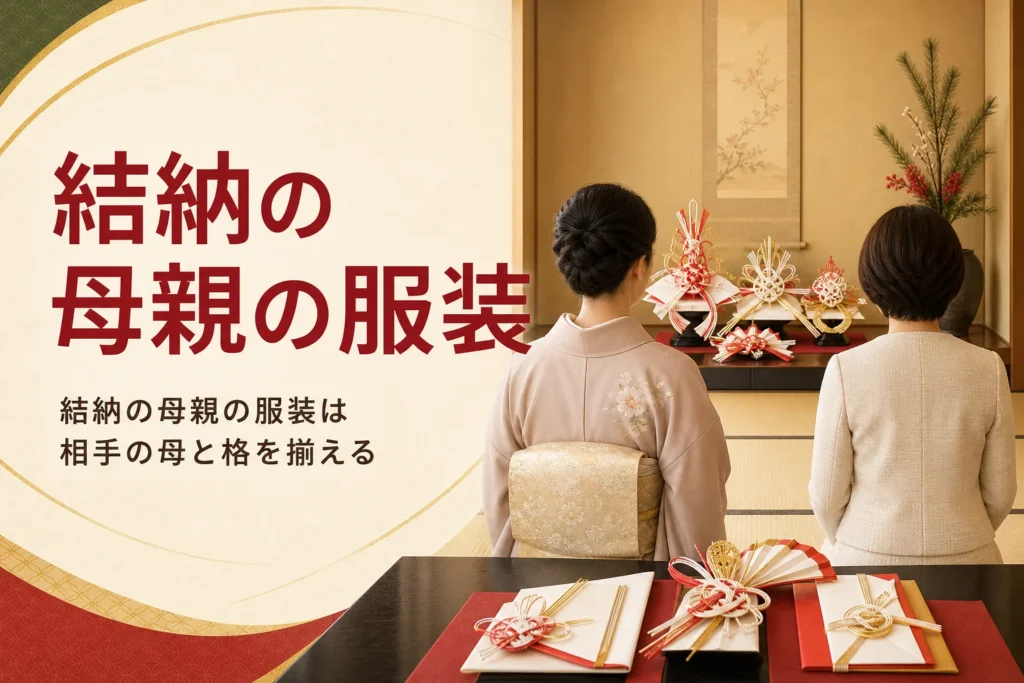 結納の母親の服装の選び方を紹介する記事のアイキャッチ。訪問着とワンピースの後ろ姿