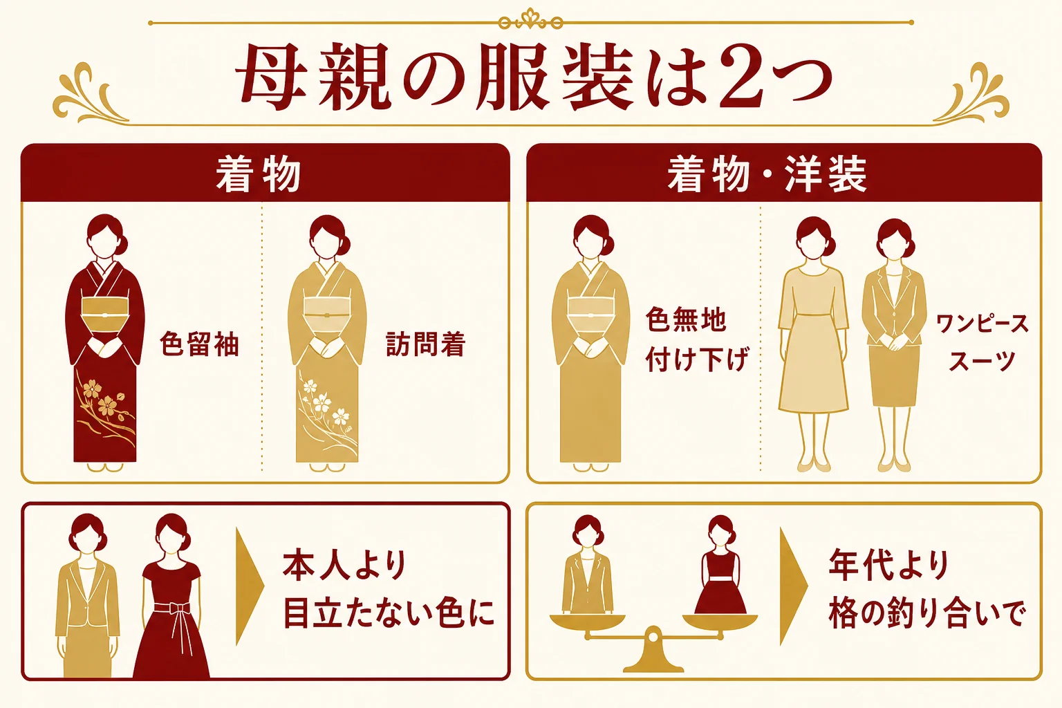 結納の母親の服装を、着物(色留袖・訪問着・色無地など)と洋装(ワンピース・スーツ)の2つで比べた図解