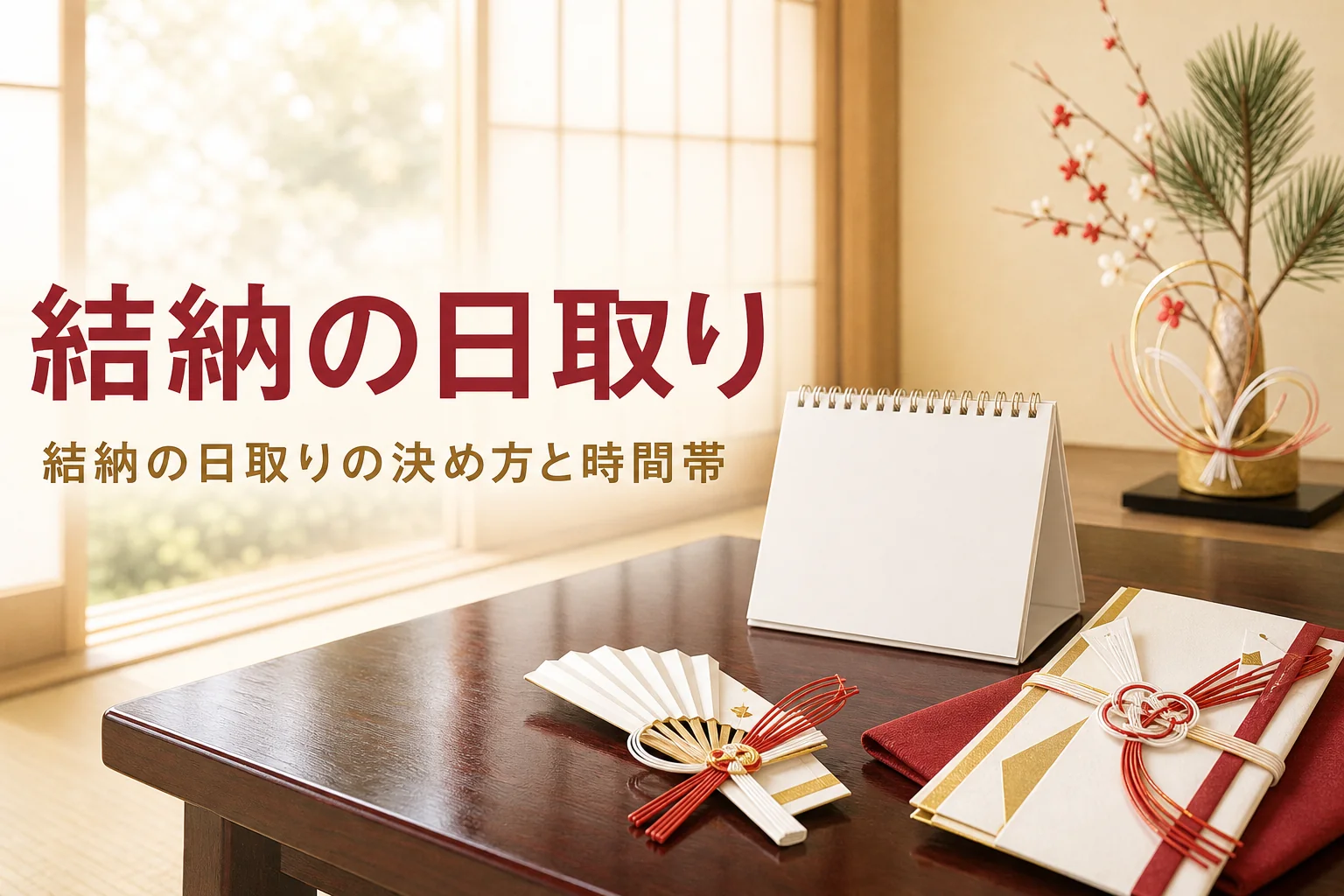 結納の日取りの決め方を紹介する記事のアイキャッチ。午前の光が差す和室の座卓