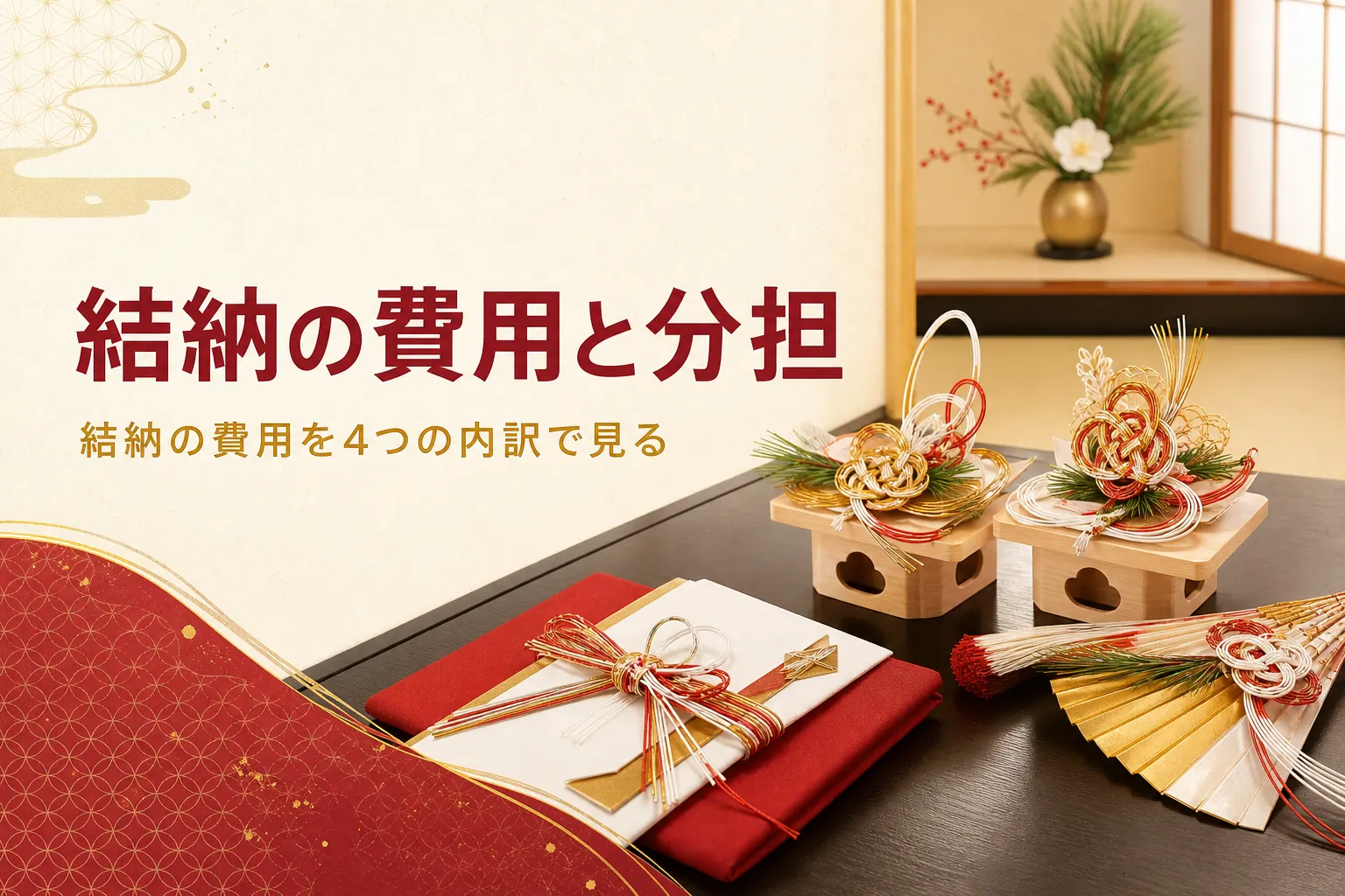 結納の費用と分担を紹介する記事のアイキャッチ。個室の卓に置かれた金封と結納品