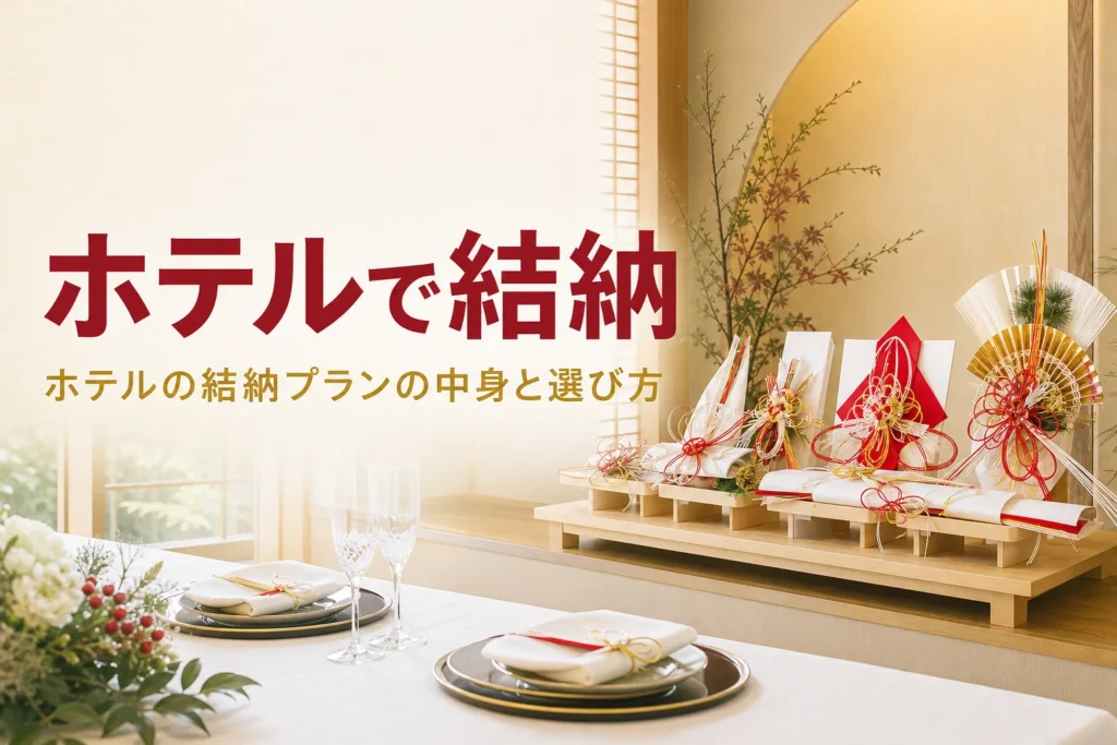 ホテルで結納をする時の結納プランの中身と選び方を紹介する記事のアイキャッチ。ホテルの個室に飾られた結納品