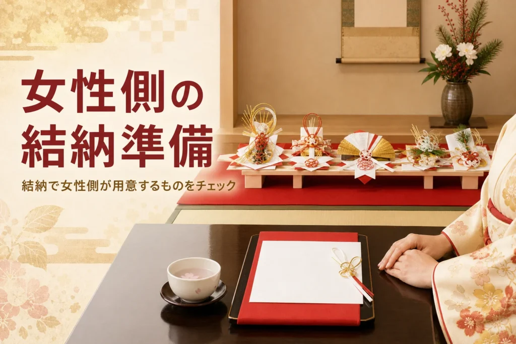 結納で女性側が用意するものを紹介する記事のアイキャッチ。床の間の結納品と桜湯