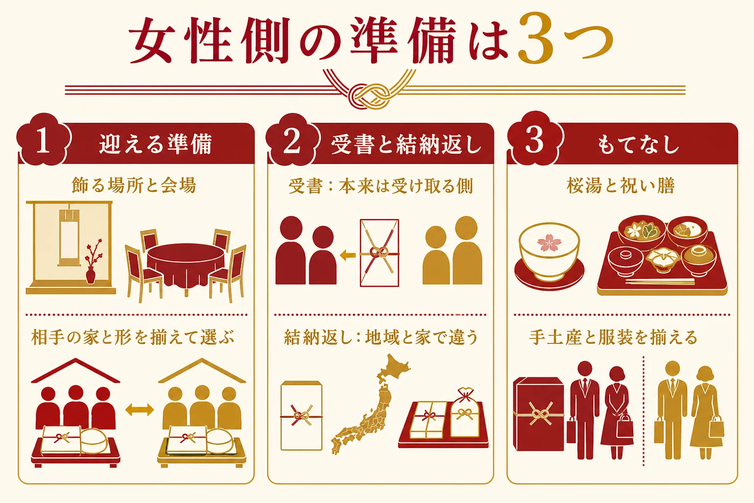 結納で女性側が用意するものを、迎える準備・受書と結納返し・当日のもてなしの3つに分けたチェックリストの図解