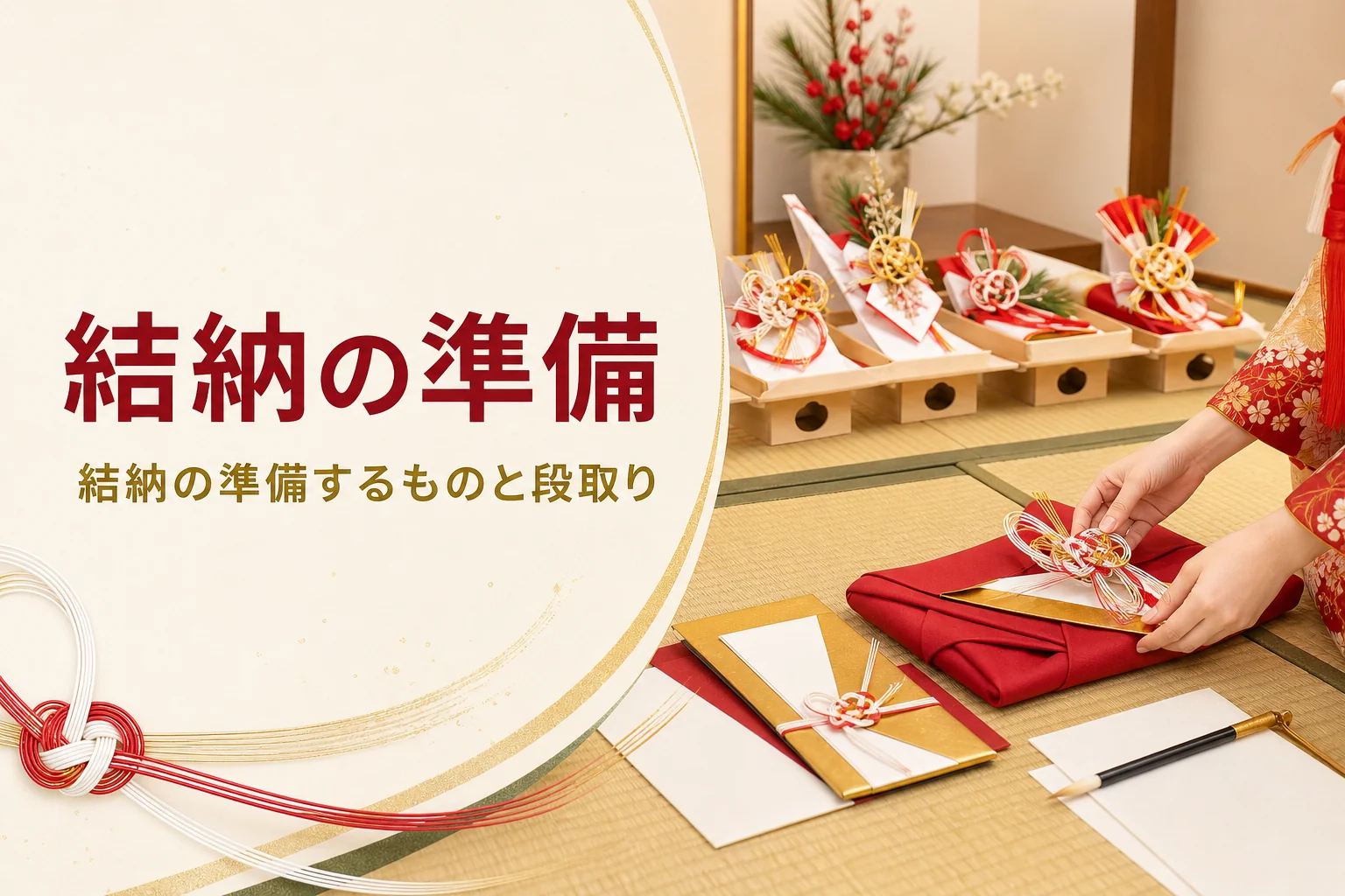 結納の準備を紹介する記事のアイキャッチ。結納品や風呂敷、金封を並べて準備する手元