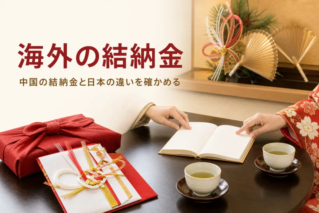 中国やアジアの国の結納金と日本の違いを紹介する記事のアイキャッチ。卓の上の金封と向かい合う手元