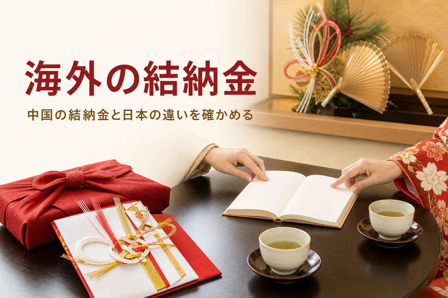 中国やアジアの国の結納金と日本の違いを紹介する記事のアイキャッチ。卓の上の金封と向かい合う手元