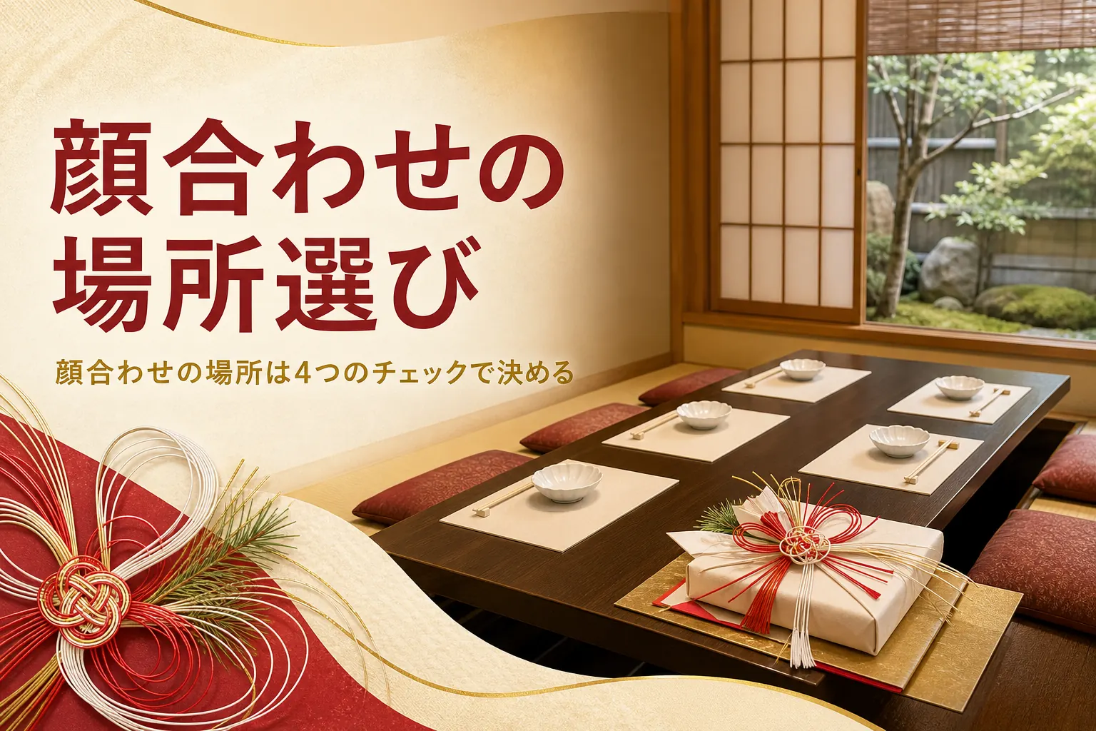 顔合わせの場所の選び方を紹介する記事のアイキャッチ。席が整えられた料亭の個室