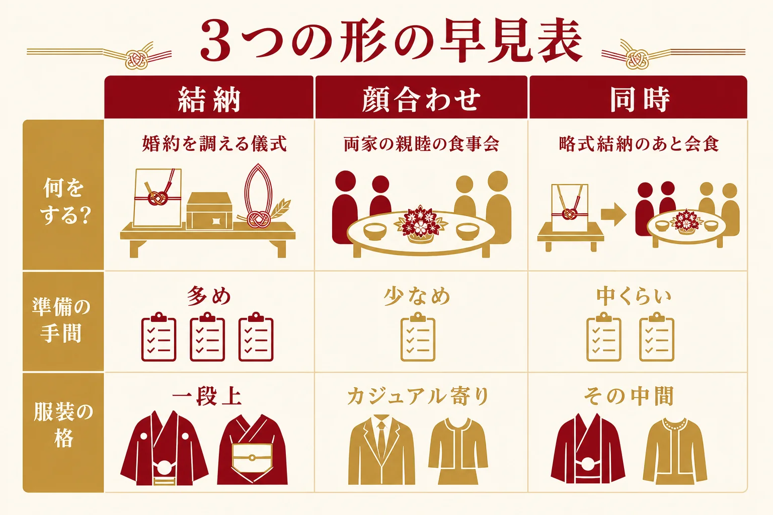 結納・顔合わせ食事会・両方を同時にする形の3つを、目的・費用・準備の手間・服装で比べた早見表の図解