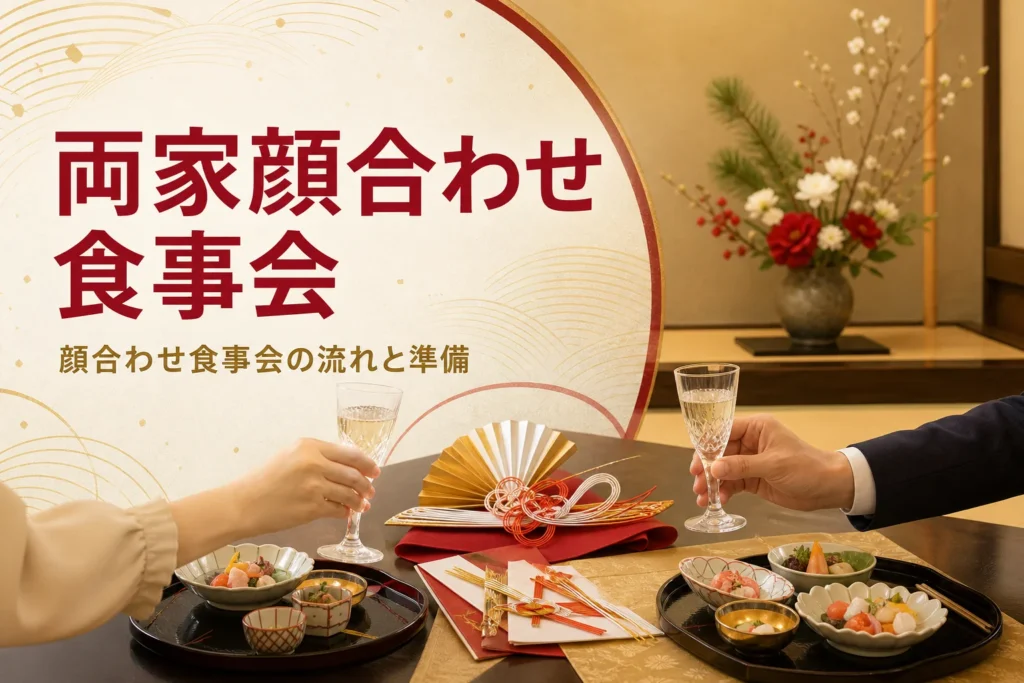 両家の顔合わせ食事会の流れと準備を紹介する記事のアイキャッチ。料亭の個室の卓と乾杯のグラス