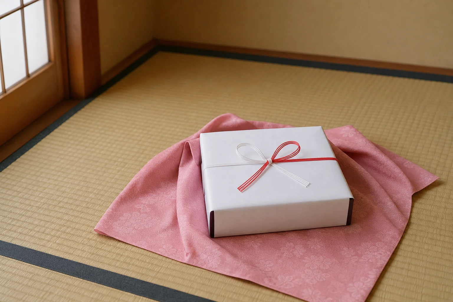 顔合わせ食事会に持っていく手土産の菓子折りを風呂敷の上に置いた写真