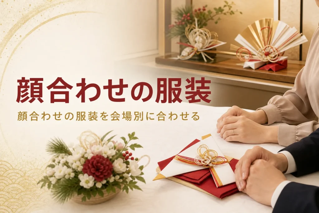 結納なしの顔合わせの服装を会場別に紹介する記事のアイキャッチ。個室の卓とワンピースとスーツの手元