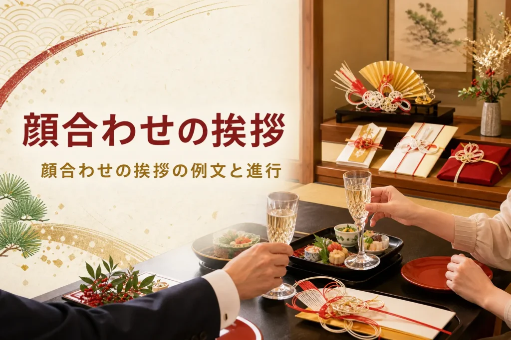 顔合わせの挨拶の例文と進行を紹介する記事のアイキャッチ。個室で乾杯のグラスを掲げる手元
