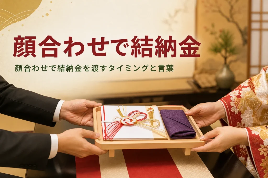 顔合わせ食事会で結納金を渡すタイミングと言葉を紹介する記事のアイキャッチ。白木の台の金封