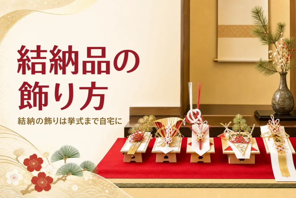 結納品の飾り方と飾る期間を紹介する記事のアイキャッチ。床の間に飾られた結納品