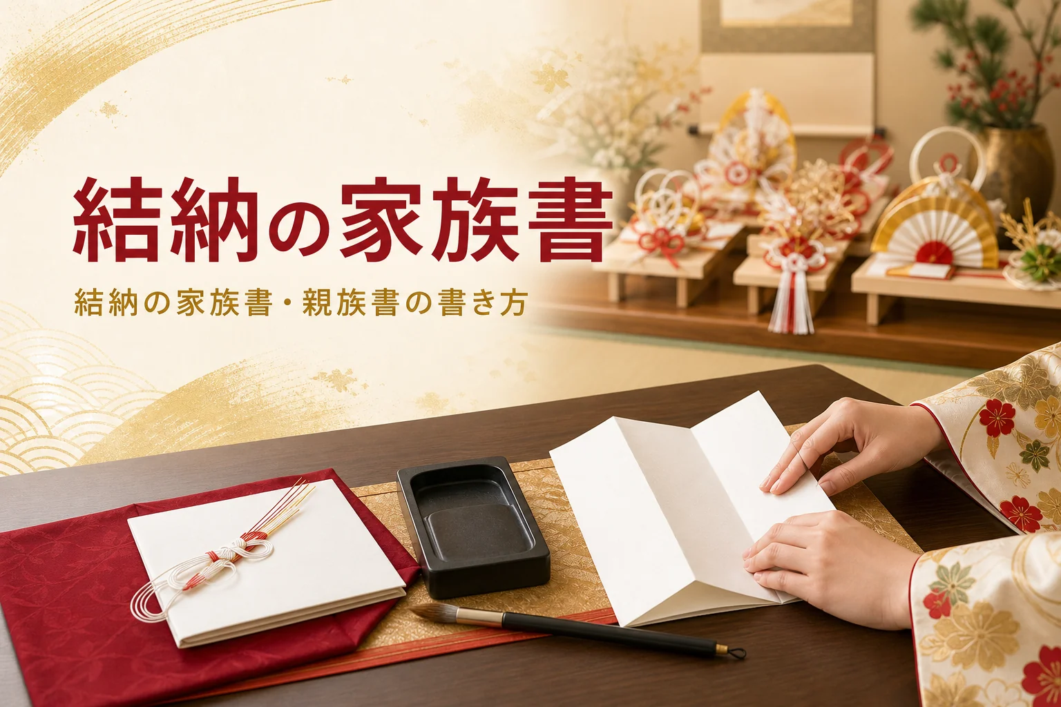 結納の家族書・親族書の書き方を紹介する記事のアイキャッチ。奉書紙と筆