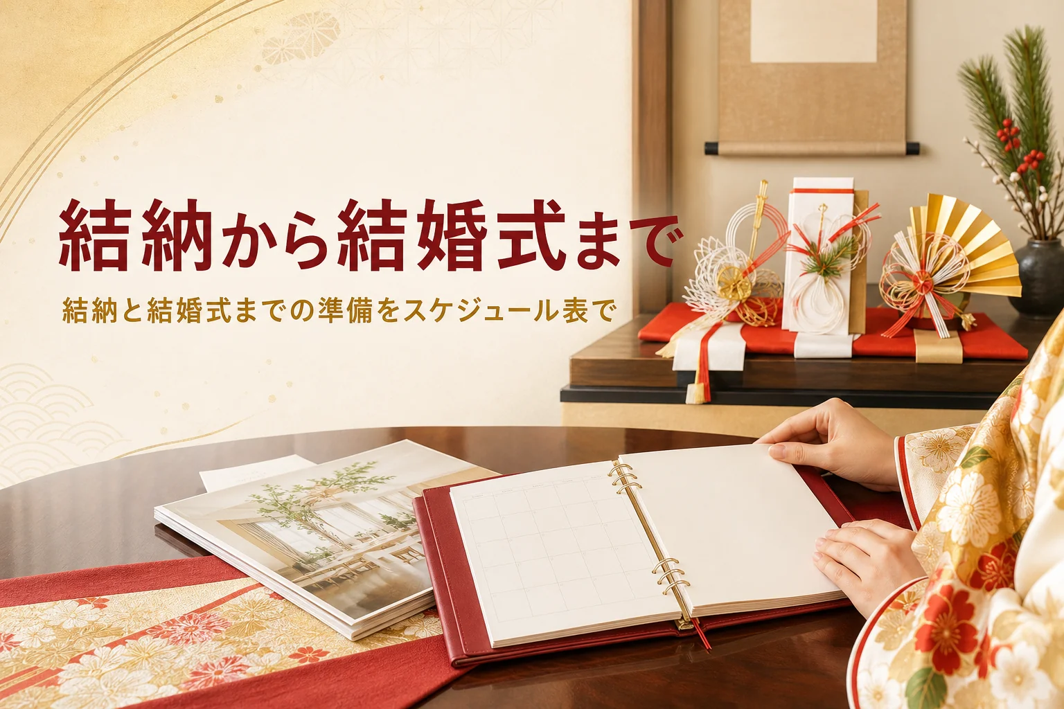 結納から結婚式までの準備スケジュールを紹介する記事のアイキャッチ。床の間の結納品と座卓の手帳