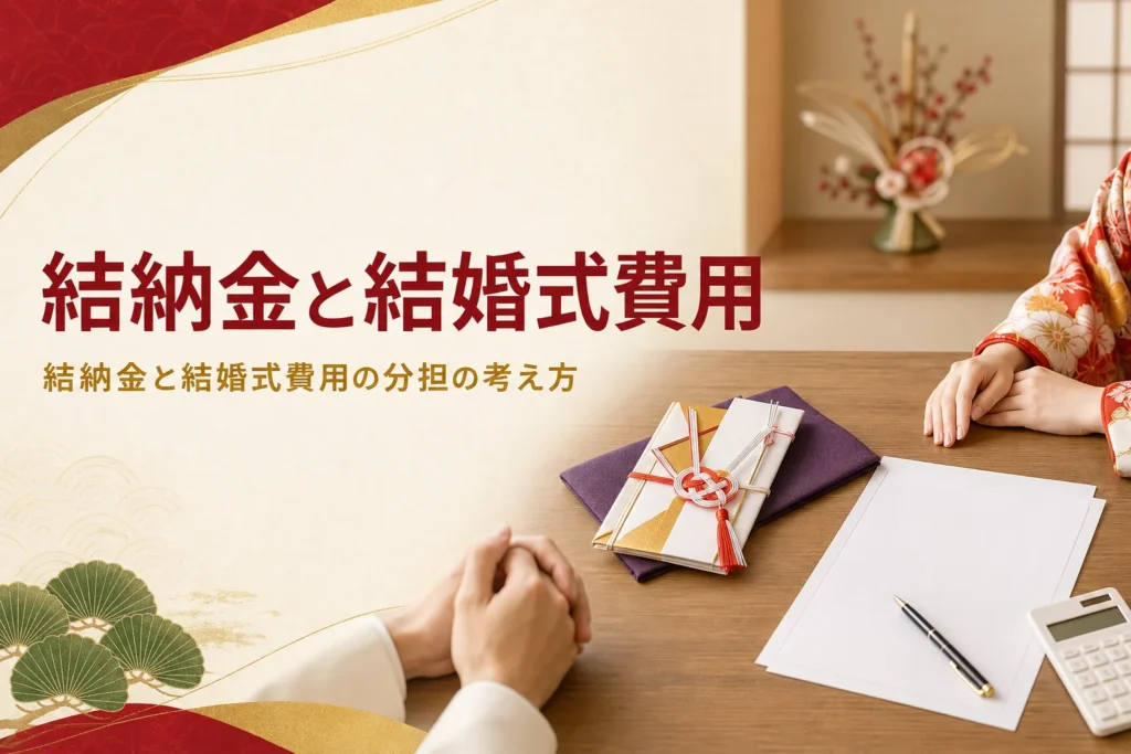 結納金と結婚式費用の分担を考える記事のアイキャッチ。金封と書類を前に話し合う二人の手元