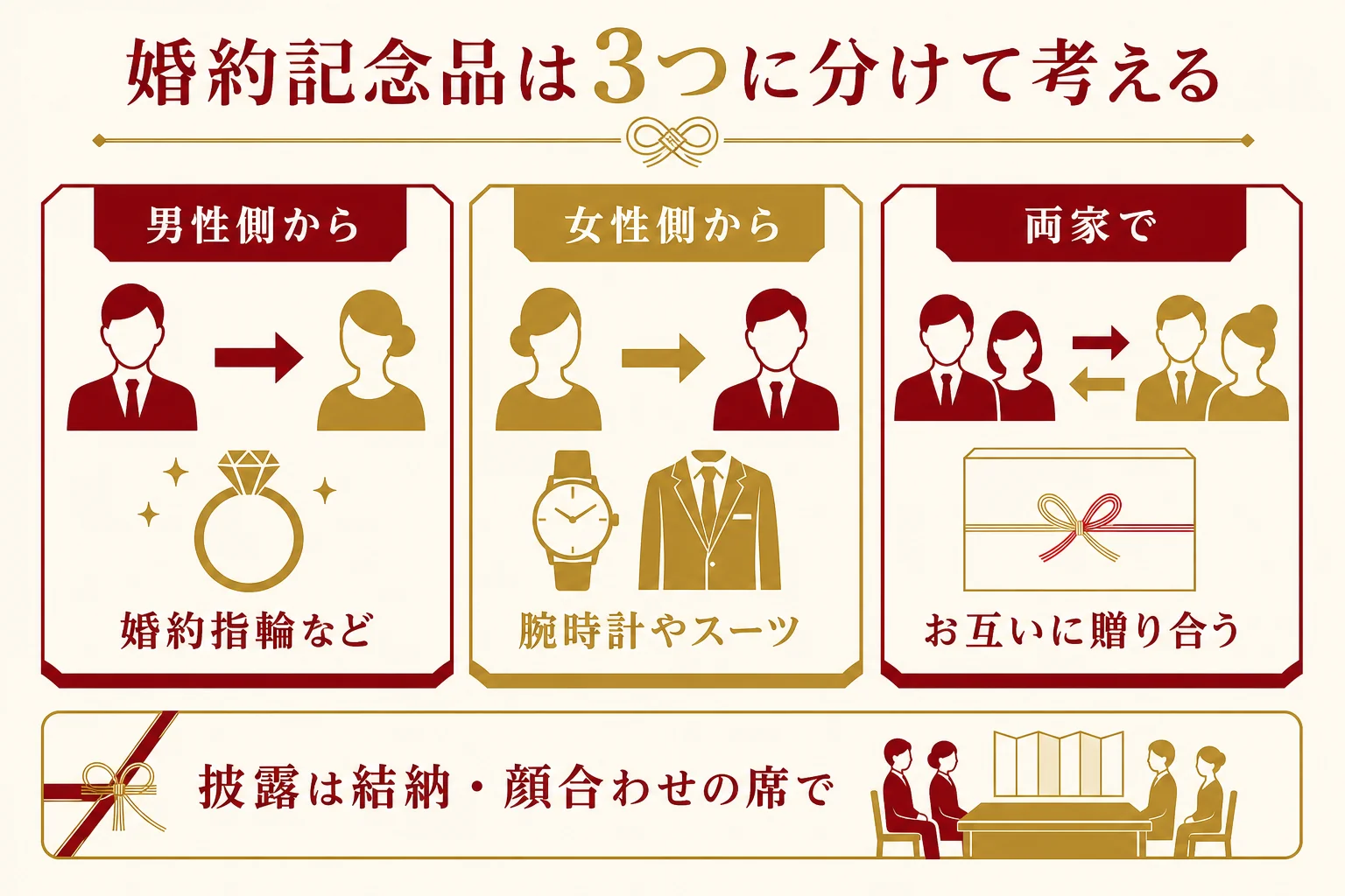 婚約記念品を、男性側から・女性側から・両家での3つに分けて、定番の品と渡す場面を示した図解