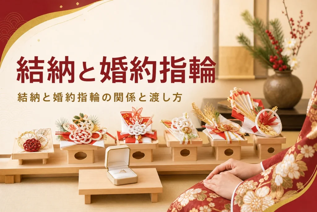 結納と婚約指輪の関係を紹介する記事のアイキャッチ。結納品の前に置かれた婚約指輪