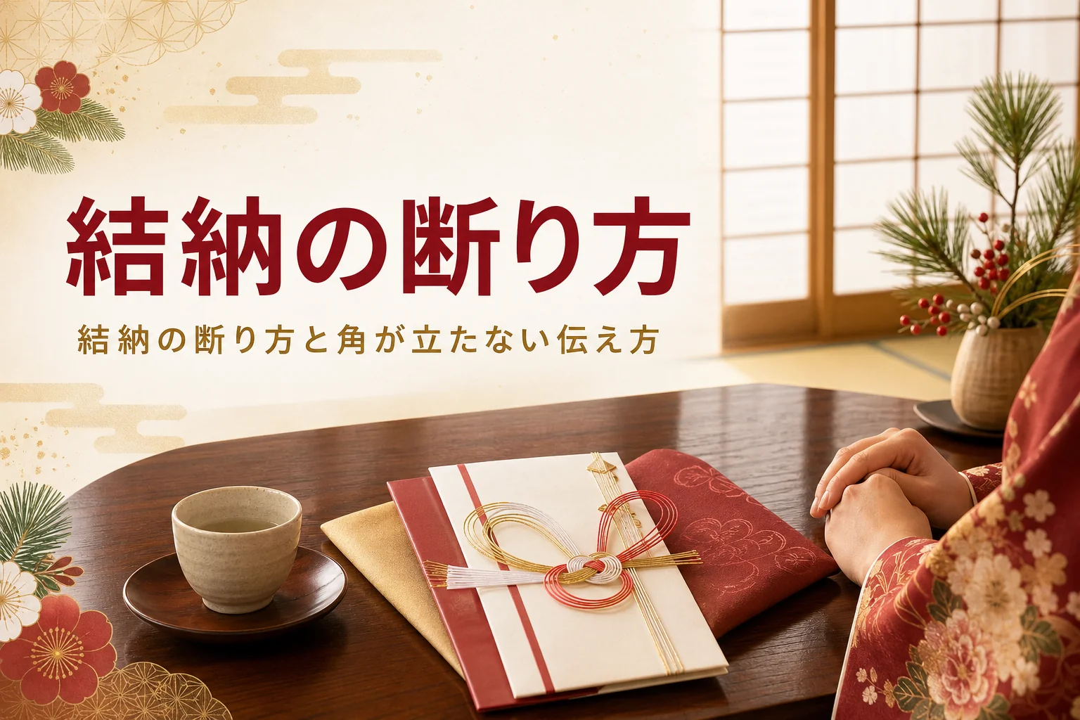 結納の断り方と角が立たない伝え方を紹介する記事のアイキャッチ。和室の座卓に置かれた金封と袱紗