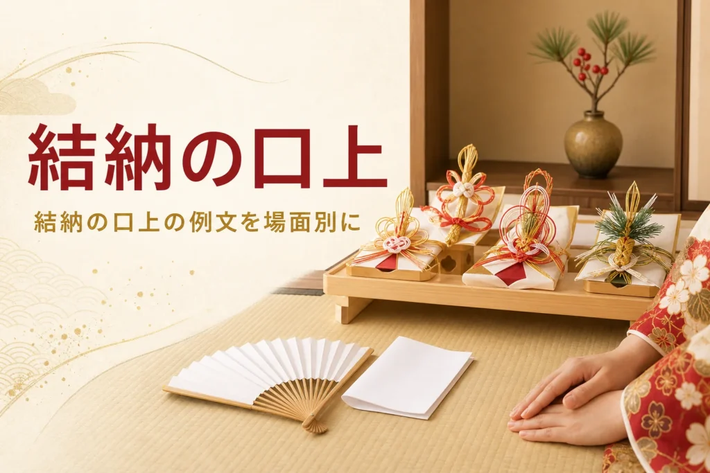 結納の口上の例文を場面別に紹介する記事のアイキャッチ。結納品と扇子、口上のメモ