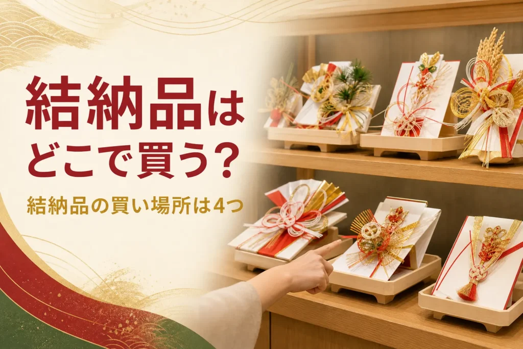 結納品をどこで買うかを紹介する記事のアイキャッチ。売場の棚に並ぶ結納品