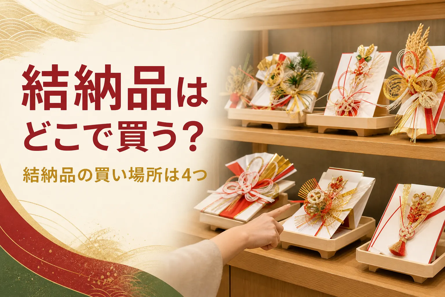 結納品をどこで買うかを紹介する記事のアイキャッチ。売場の棚に並ぶ結納品