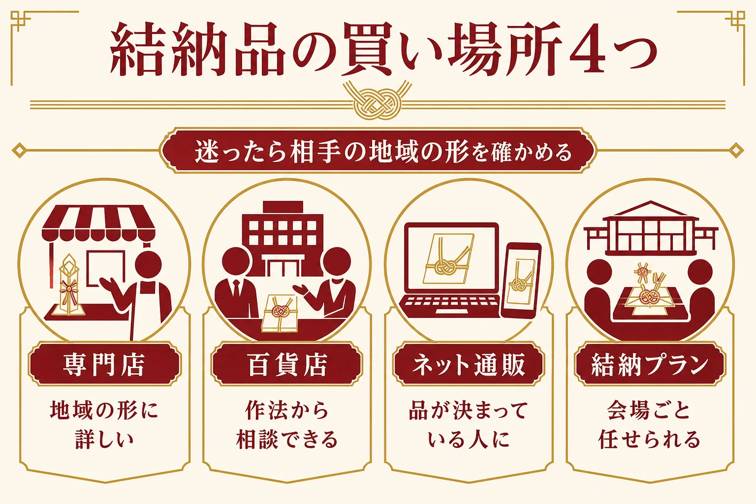 結納品の買い場所を専門店・百貨店・ネット通販・結納プランの4つに分け、相談できる範囲と受け取り方で比べた図解
