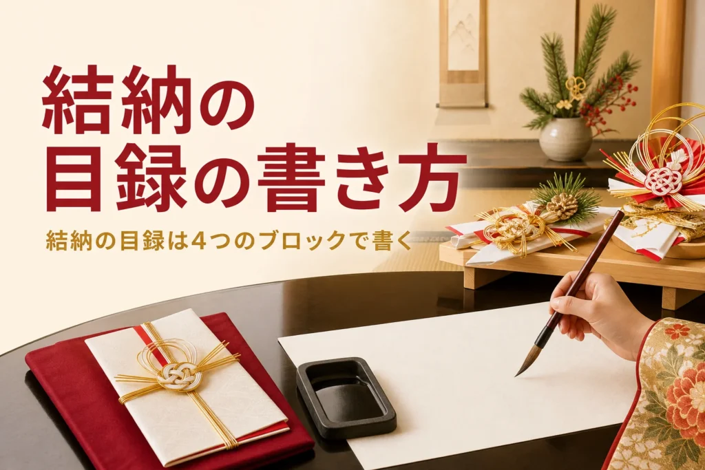 結納の目録の書き方を紹介する記事のアイキャッチ。奉書紙と筆、白木の台の結納品