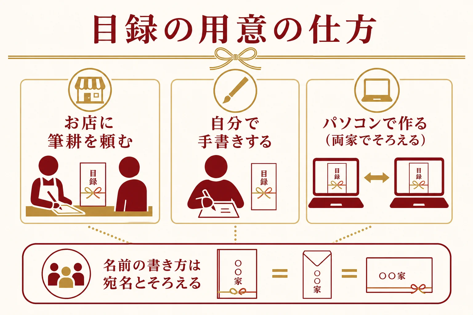 結納の目録をお店に頼む・手書き・パソコンの3つの用意の仕方を比べた図解