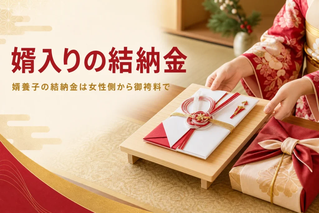 婿養子・婿入りの結納金を紹介する記事のアイキャッチ。白木の台にのせた金封を差し出す手元