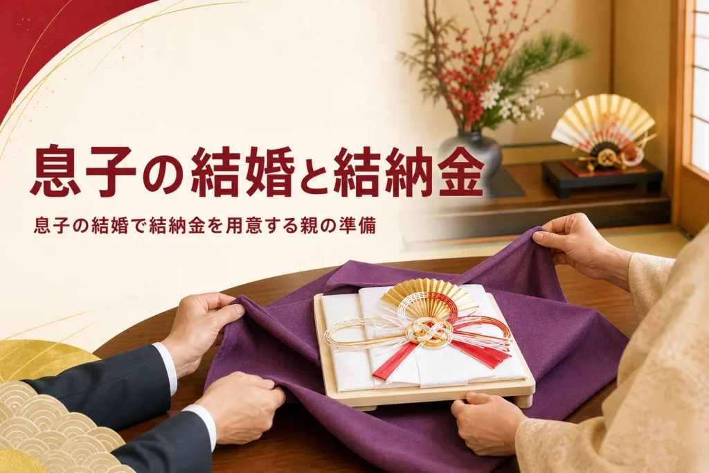 息子の結婚で結納金を用意する親に向けた記事のアイキャッチ。風呂敷と白木の台にのせた金封