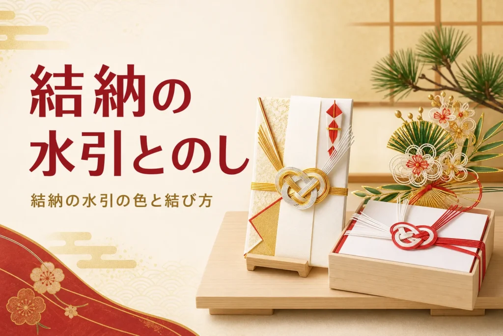 結納の水引とのしの使い分けを紹介する記事のアイキャッチ。金銀の水引の金封と紅白の水引の箱