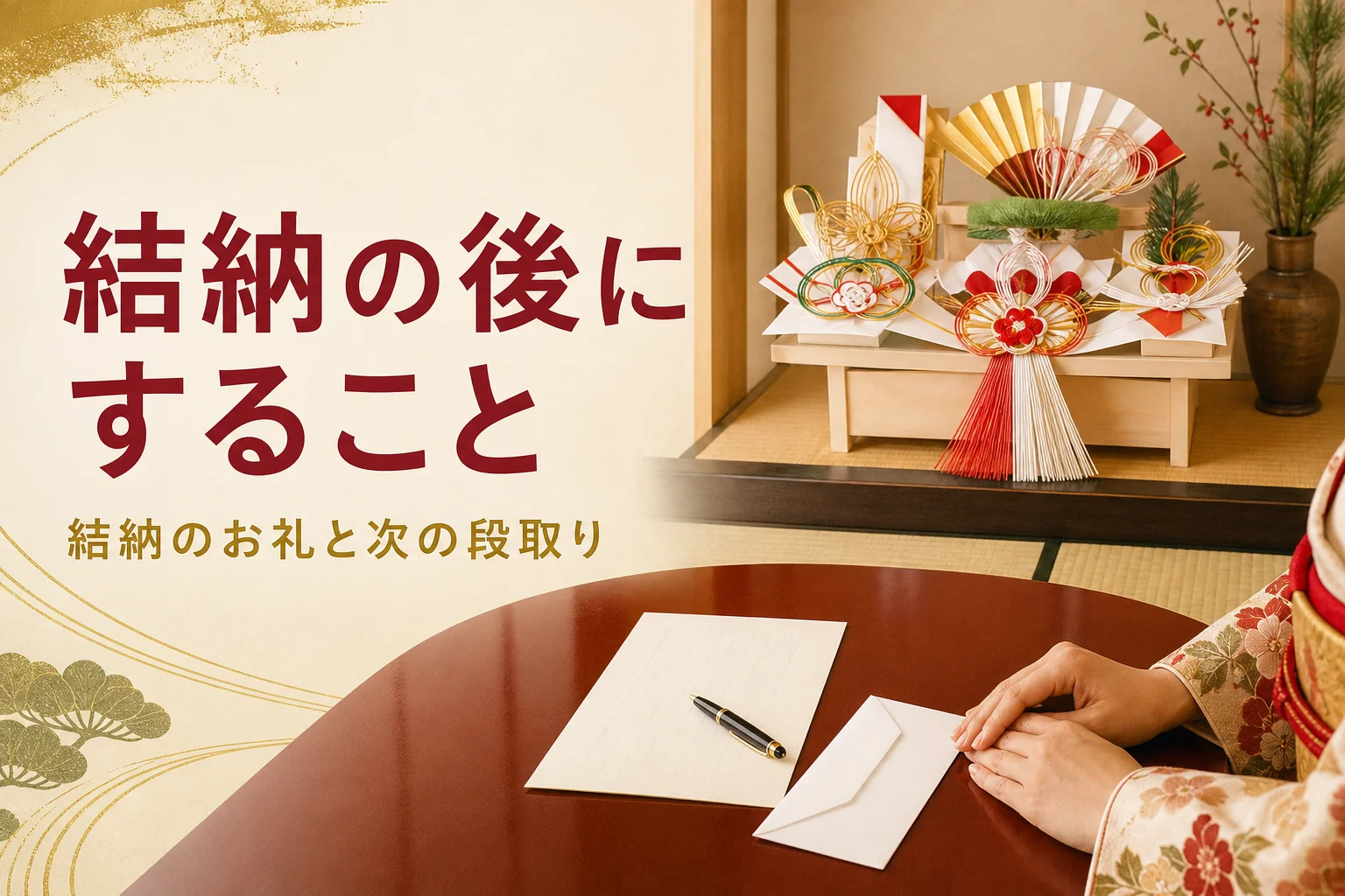 結納のお礼と、結納の後にすることを紹介する記事のアイキャッチ。床の間の結納品と便箋