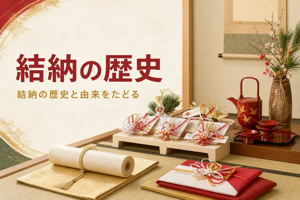結納の歴史と由来を紹介する記事のアイキャッチ。床の間の結納品と酒器