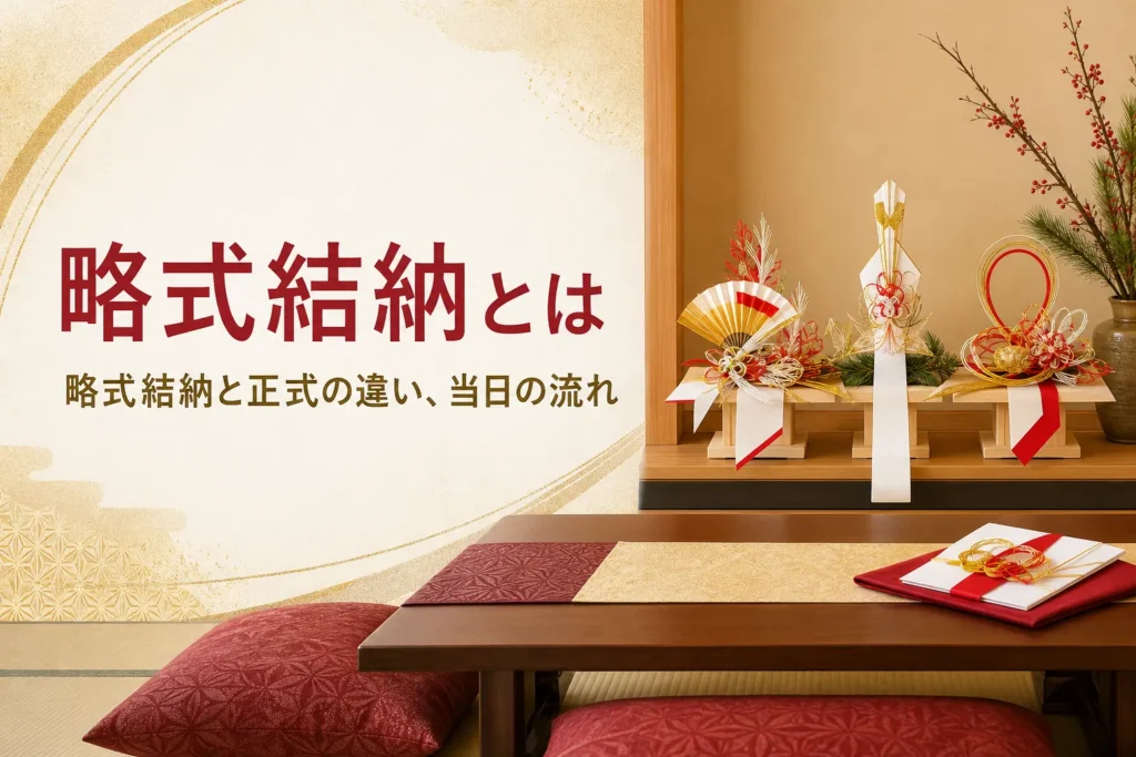 略式結納の意味と流れを紹介する記事のアイキャッチ。料亭の個室の床の間に飾られた結納品