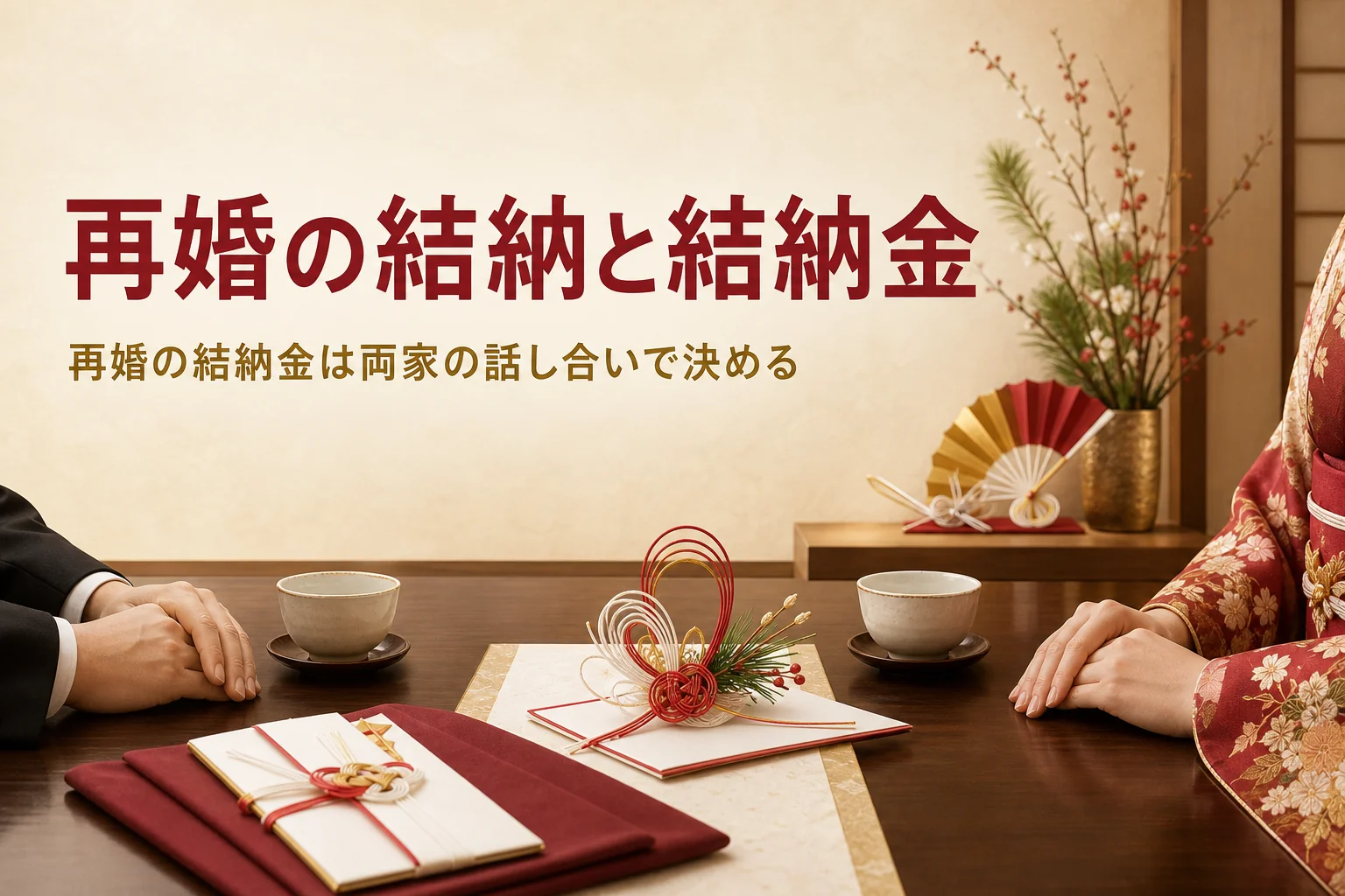 再婚の結納と結納金の考え方を紹介する記事のアイキャッチ。料亭の個室の卓と向かい合う手元
