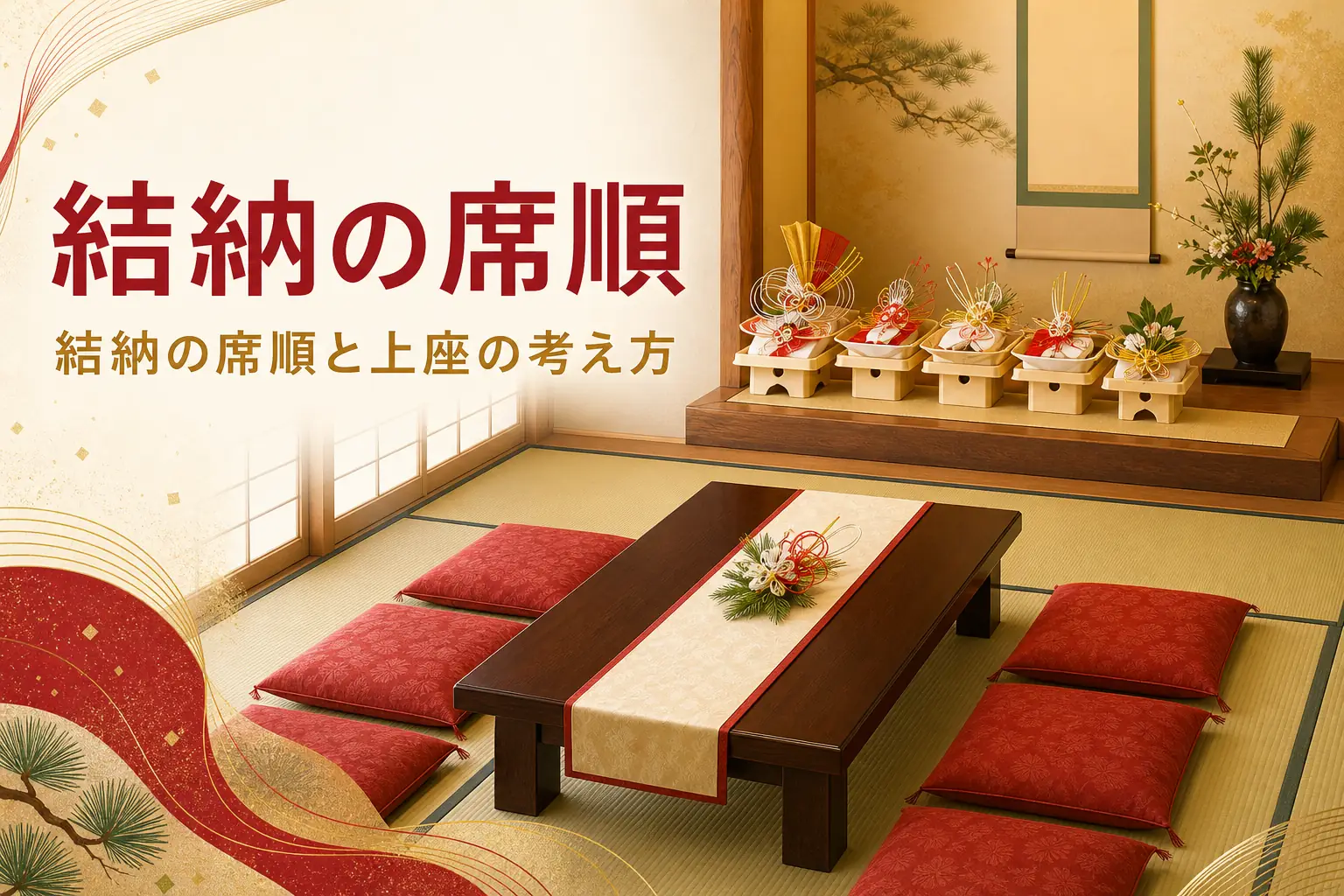 結納の席順と上座の考え方を紹介する記事のアイキャッチ。床の間の前の結納品と向かい合う座布団