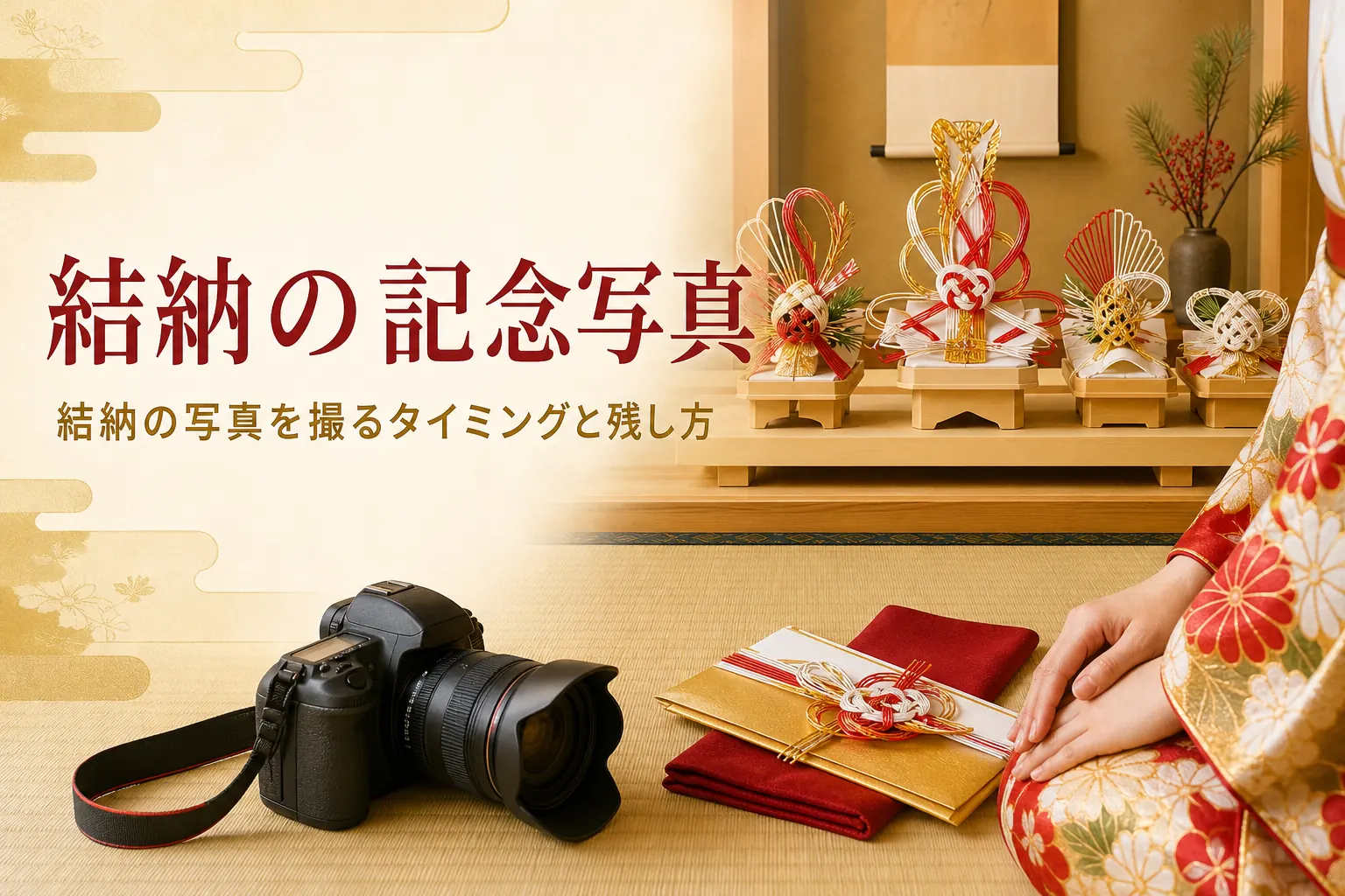 結納の写真を撮るタイミングと残し方を紹介する記事のアイキャッチ。床の間の結納品とカメラ