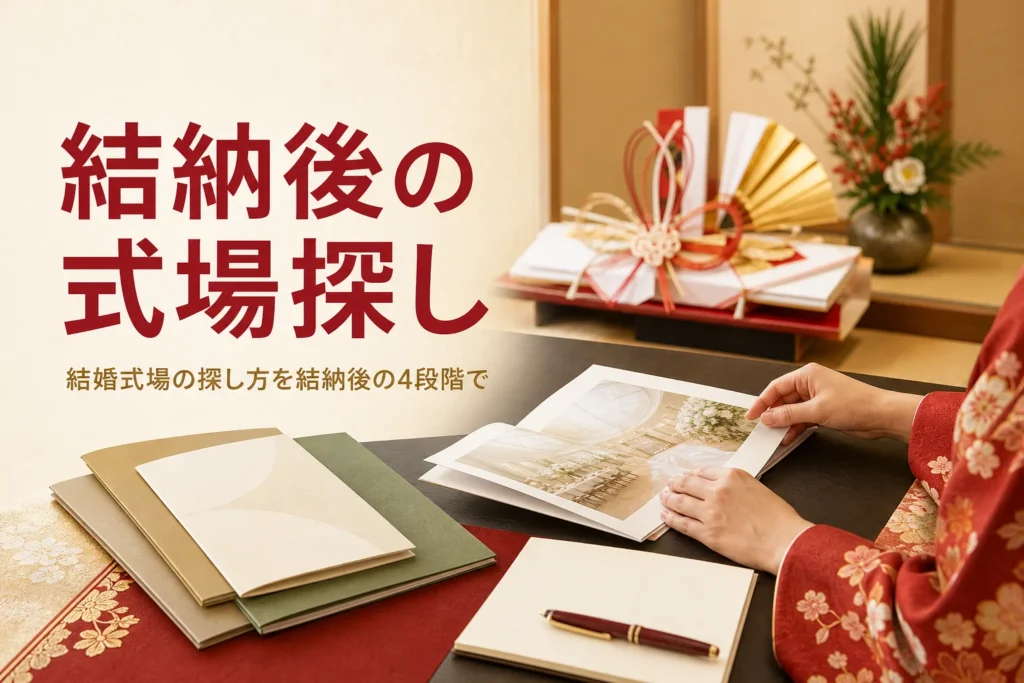 結納後の結婚式場の探し方を紹介する記事のアイキャッチ。卓の上の結納品と式場のパンフレット