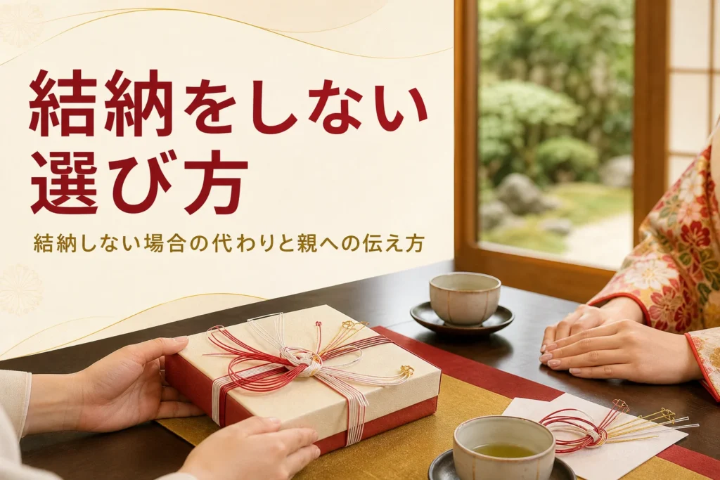 結納をしない場合の代わりの形と親への伝え方を紹介する記事のアイキャッチ。料亭の個室の卓に置かれた記念品の箱